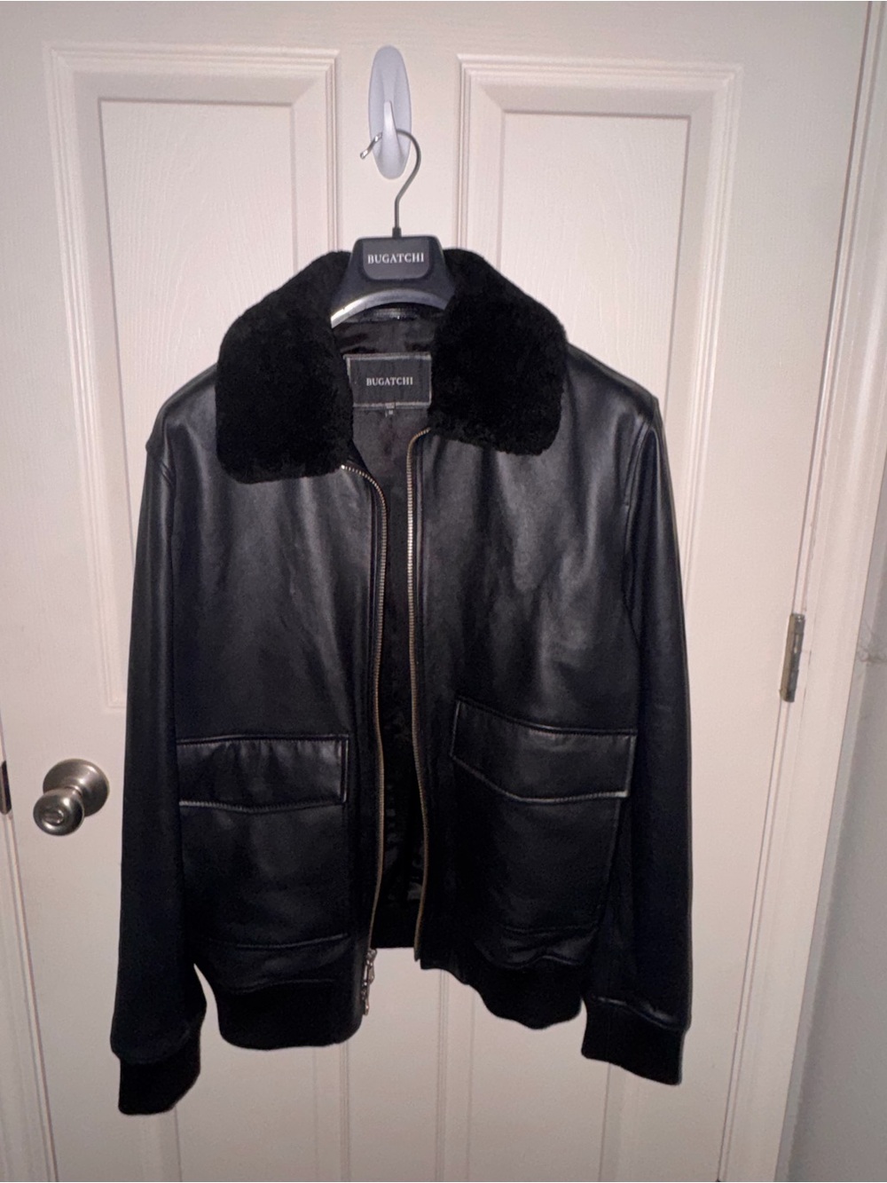 Bugatchi Black Leather Bomber Jacket with Plush Collar